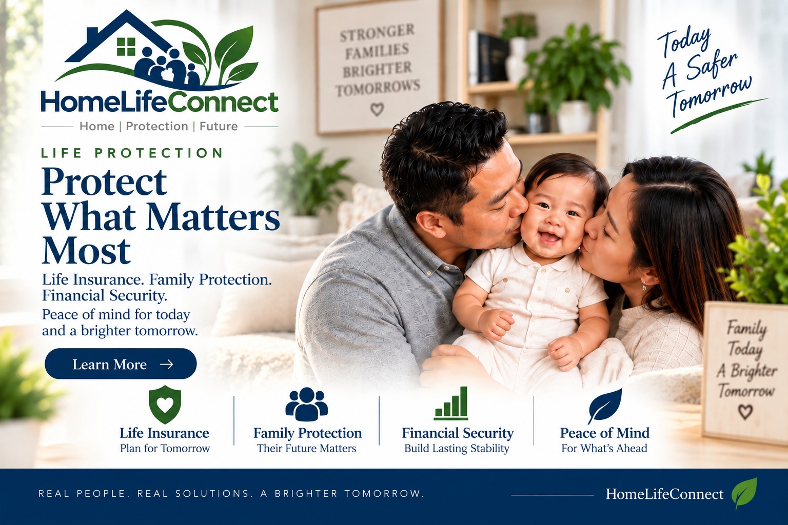 HomeLifeConnect life protection page featuring a family with a baby and the message Protect What Matters Most